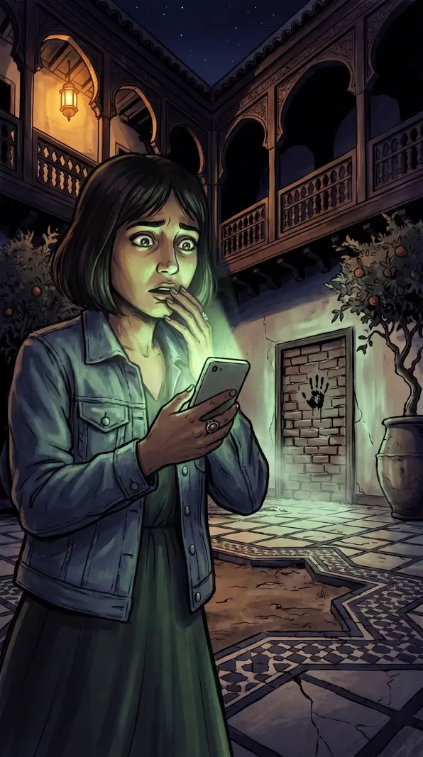 Nour, effrayée, éclairée par son téléphone