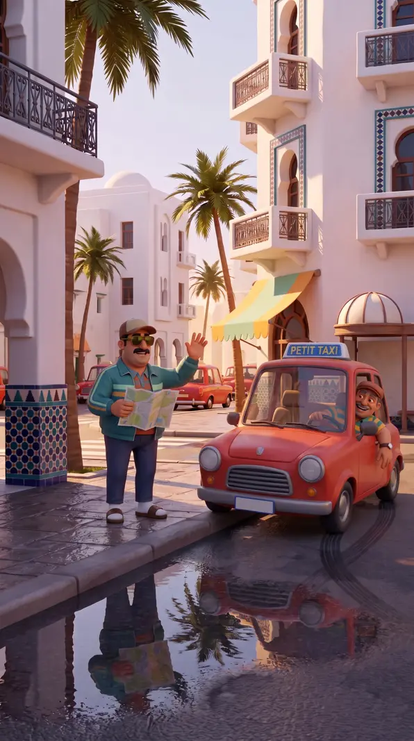 Khalid déguisé en touriste devant un petit taxi